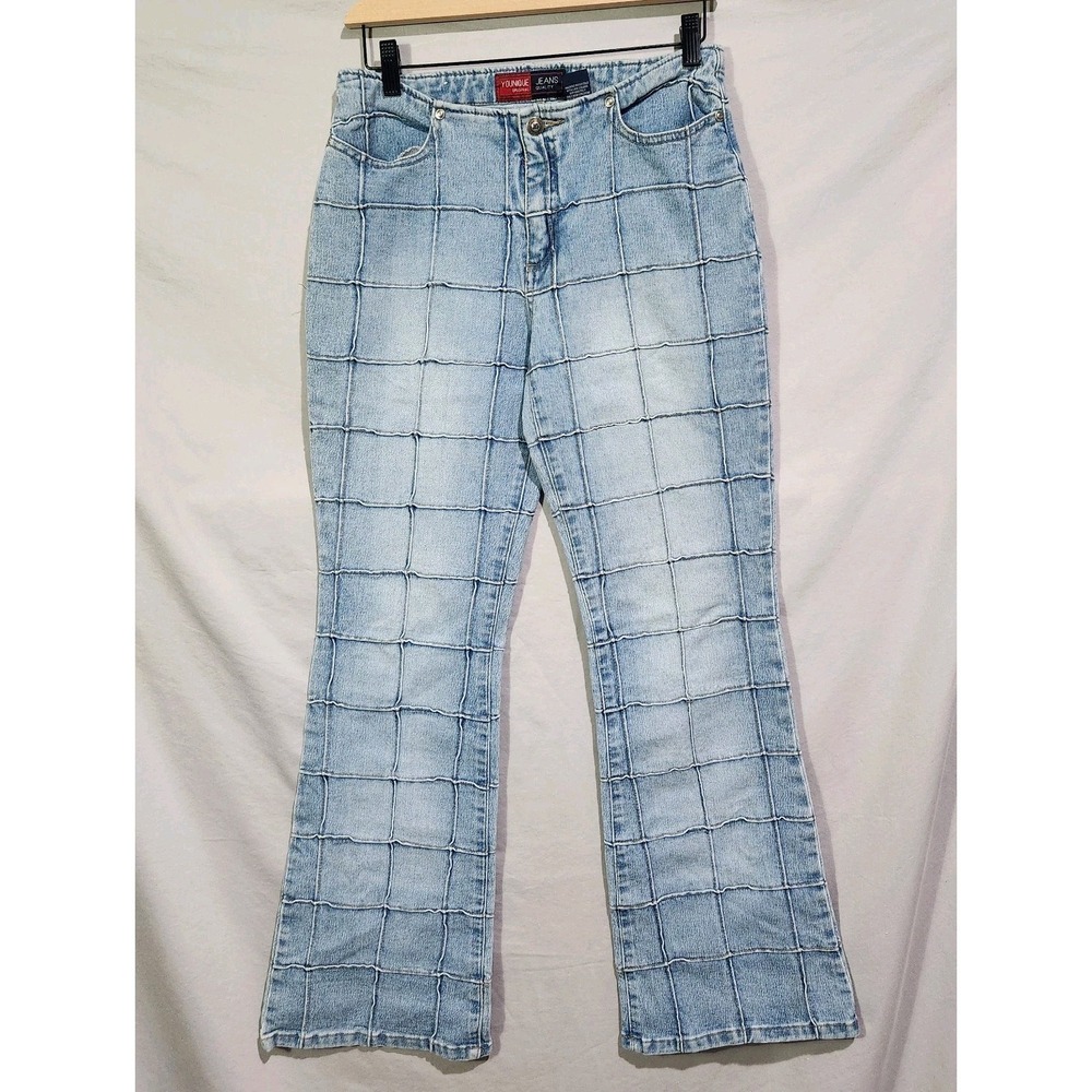 Y2K Younique Sz 9 Windowpane Exposed Seam Bareback Flare Jeans Cot Poly Spandex